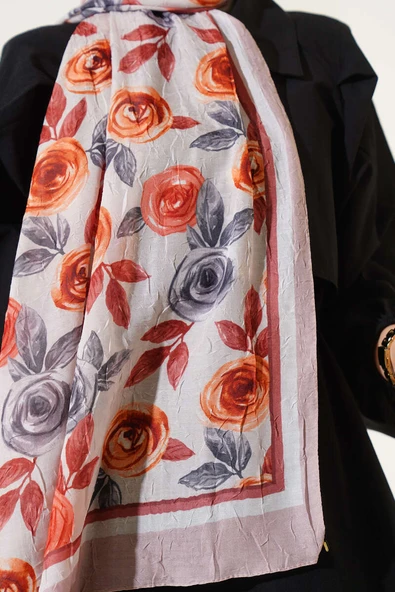 Floral Desenli Bambu Kraş Şal Latte - Resim 4