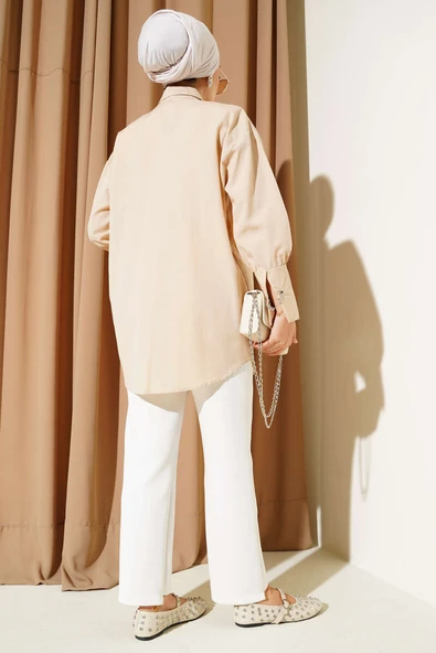 Cep ve Manşet Zincirli Gömlek Latte - Resim 3