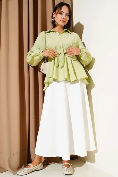 Ön Bağlamalı Kol Lastikli Tunik Su Yeşili - Resim 2