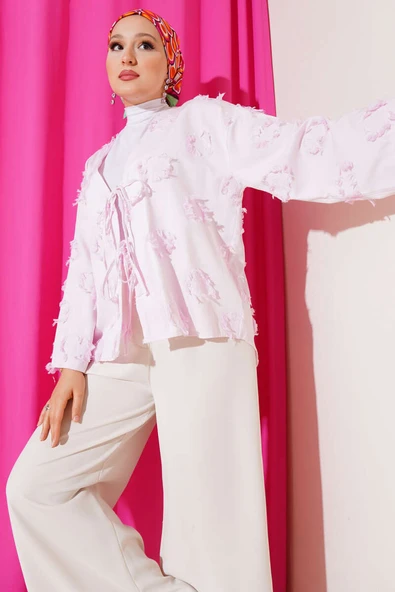 Önü Bağcıklı Püskül Detaylı Kimono Pembe ürün görseli 1