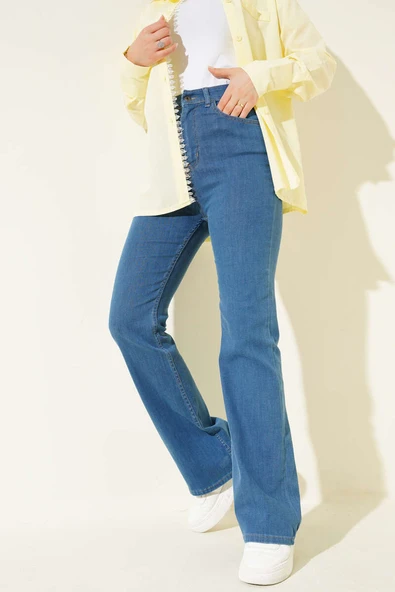 Dikişli İspanyol Paça Kot Pantolon Orta Mavi ürün görseli 1