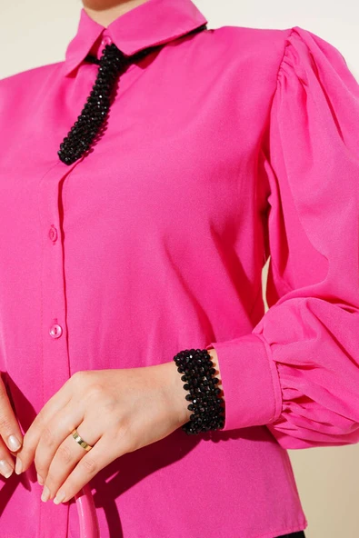 Balon Kollu Manşetli Gömlek Pembe - Resim 4