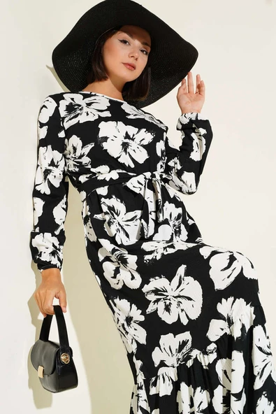 Bürümcük Çiçekli Kuşaklı Elbise Siyah - Resim 2