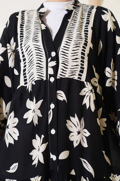 Bilek Lastikli Çiçek Desenli Elbise Siyah - 4