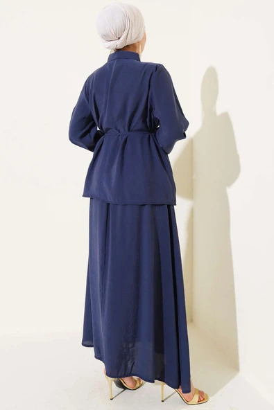 Gizli Düğmeli Kuşaklı Etekli İkili Takım Lacivert - Resim 3