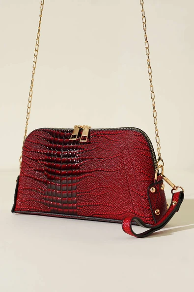 Fermuarlı Zincir Askılı Çanta Bordo Yılan ürün görseli 1