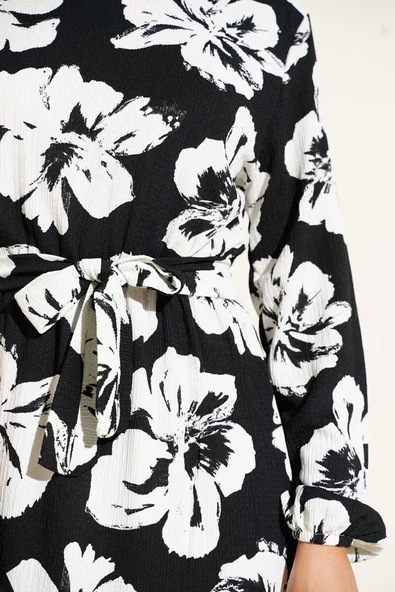 Bürümcük Çiçekli Kuşaklı Elbise Siyah - Resim 4