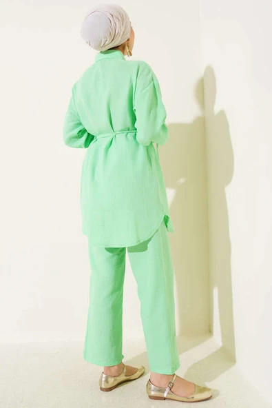 Metal Düğmeli Müslin İkili Takım Yeşil - Resim 3