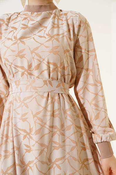 Etek Pileli Kol Pileli Desen Elbise Bej - 4