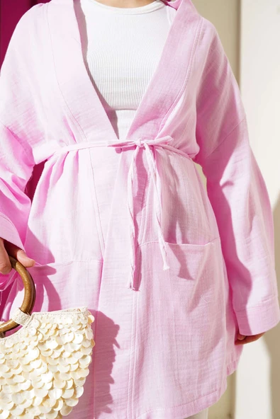 Müslin Belden Bağlamalı Kimono Pembe - 4