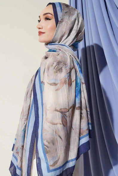 Flower Desen Bambu Kraş Şal Lacivert - Resim 2