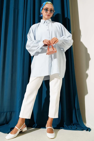 İp Bağcıklı Oversize Gömlek Bebe Mavi - Resim 2