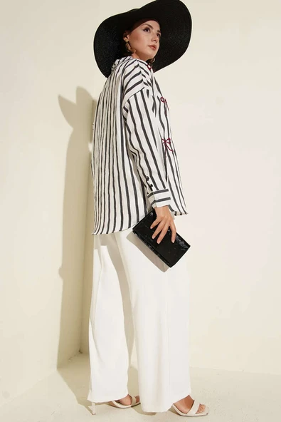 Kurdele Nakışlı Çizgili Gömlek Antrasit - Resim 3