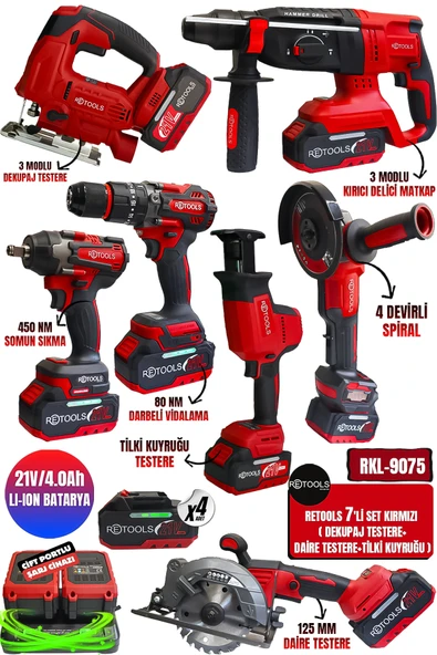 RETOOLS 7’Lİ SET KIRMIZI ( DEKUPAJ+DAİRE TESTERE+TİLKİ KUYRUĞU)