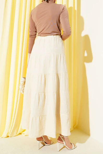 Bel Lastikli Kat Kloş Etek Bej - Resim 3