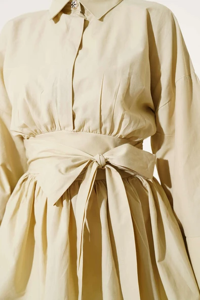 Kuşak Büzgülü Yarım Düğmeli Tunik Lime - Resim 4