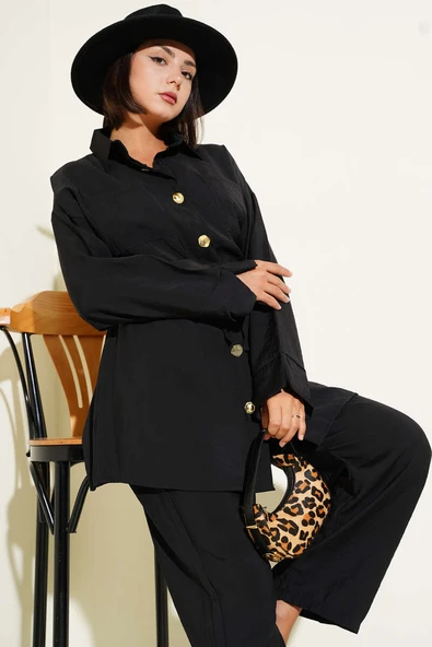 Bel Büzgülü Cepli İkili Takım Siyah - Resim 2