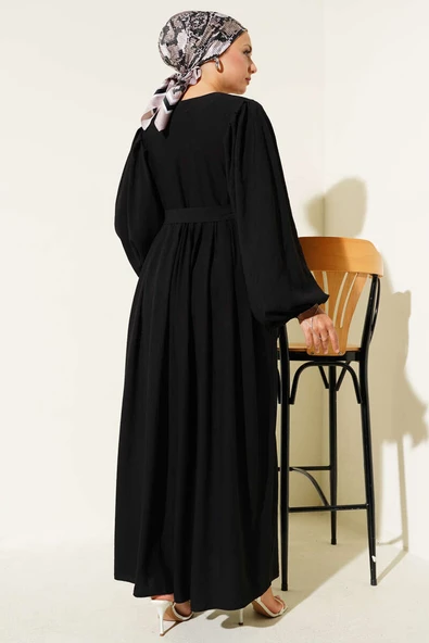 Brit Düğmeli Kuşaklı Elbise Siyah - Resim 3