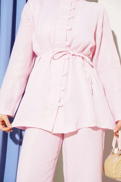 Brit Düğme Kaplamalı İkili Takım Pembe - Resim 4