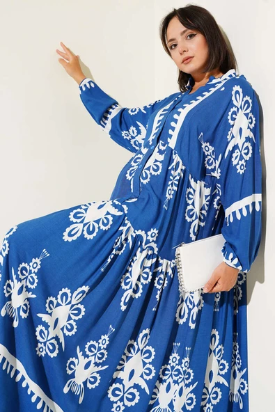 Desenli Yarı Patlı Önü Düğmeli Elbise Indıgo - Resim 2