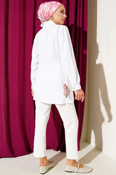 Düğmeli Yandan Bağlamalı Gömlek Beyaz - Resim 3