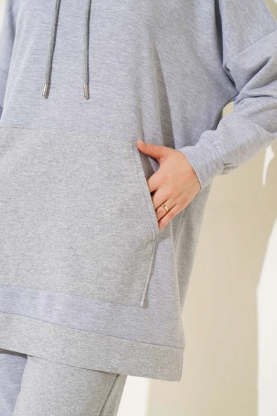 Paça Lastikli Kapüşonlu İkili Takım Melanj Gri - Resim 4