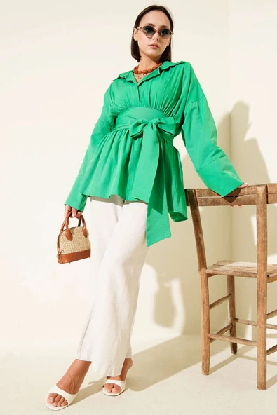 Kendinden Kuşaklı Önü Büzgülü Tunik Benetton - Resim 2