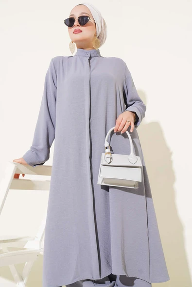 Gizli Düğmeli Salaş İkili Takım Gri - Resim 2