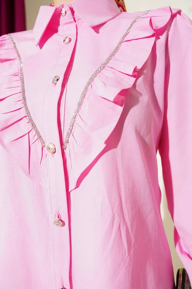 Önü Fırfır Taş Şerit Geçişli Düğmeli Gömlek Pembe - Resim 4