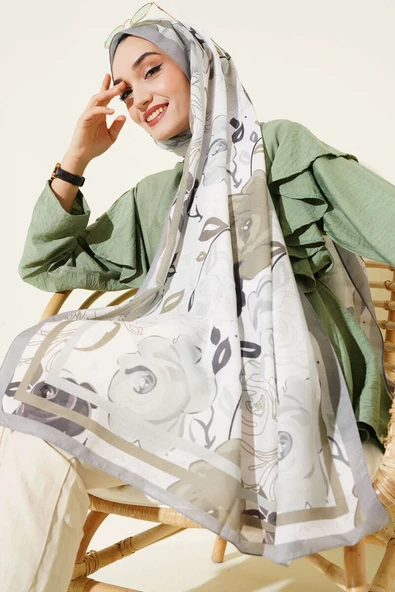 Gül Motifli Şal Gri - Resim 2