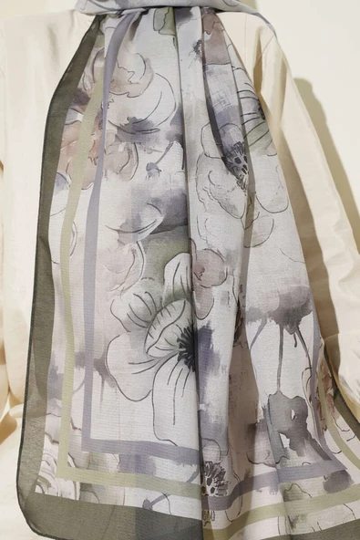 Çiçekli Şerit Geçiş Detaylı Şal Zümrüt - Resim 4