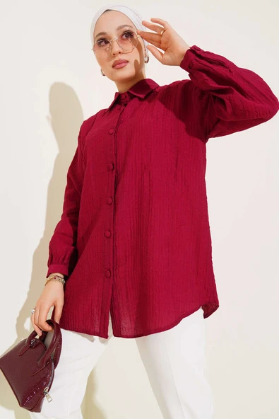 Manşet Düğmeli Krinkıl Gömlek Bordo ürün görseli 1