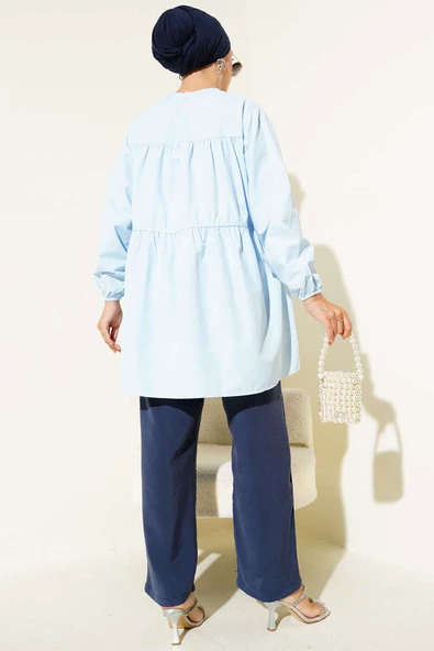 Çingene Taş Düğmeli Fiyonklu Gömlek Mavi - Resim 3