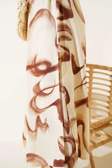 Bel Tünelli Desenli Uzun Gömlek İkili Takım Kahve - Resim 4