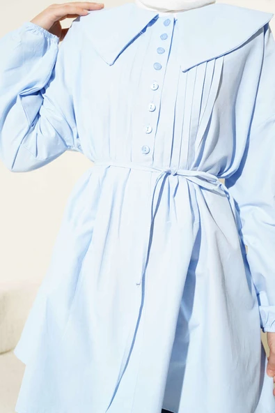 Yarım Düğmeli Nervürlü Tunik Buz Mavisi - Resim 4