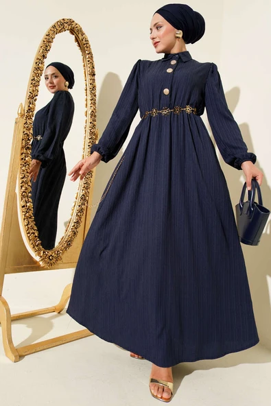 Bel Kuşaklı Krinkıl Elbise Lacivert ürün görseli 1