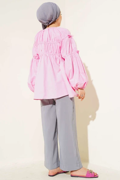 Çiçek Detaylı Kol Lastikli Tunik Pembe - Resim 3