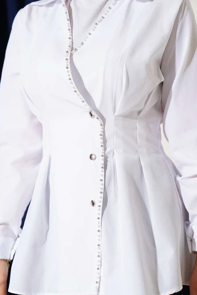 İnci Detaylı Belden Pileli Gömlek Beyaz - Resim 4