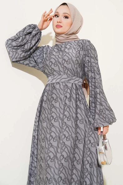 Bilek Lastikli Düğüm Desen Elbise Gri - Resim 2