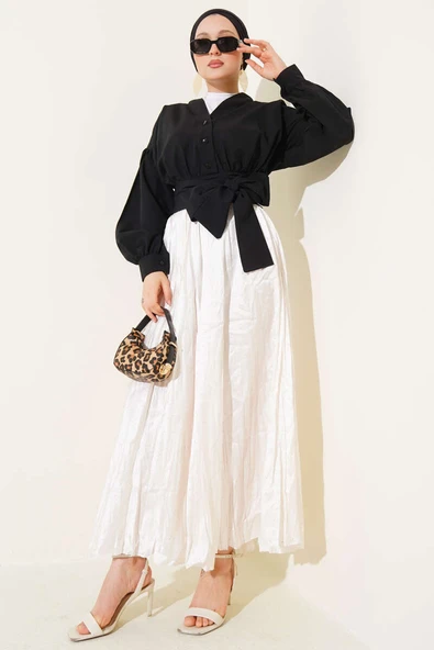 V Yaka Bağlamalı Kısa Gömlek Siyah - Resim 2