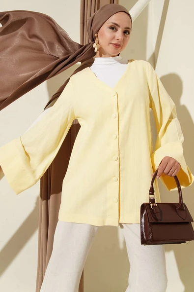 V Yaka Salaş Keten Gömlek Sarı ürün görseli 1