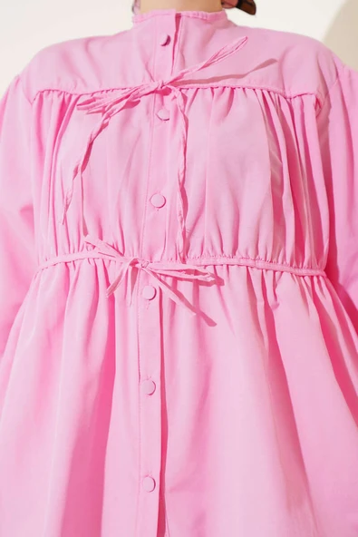 Fiyonklu Büzgülü Gömlek Pembe - Resim 4