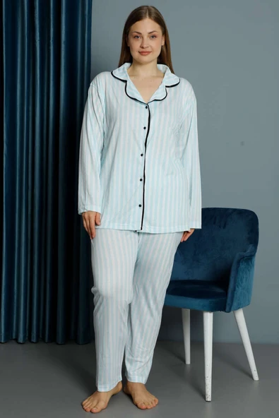 Çizgili Uzun Kol Büyük Beden Pijama Takım Mint ürün görseli 1