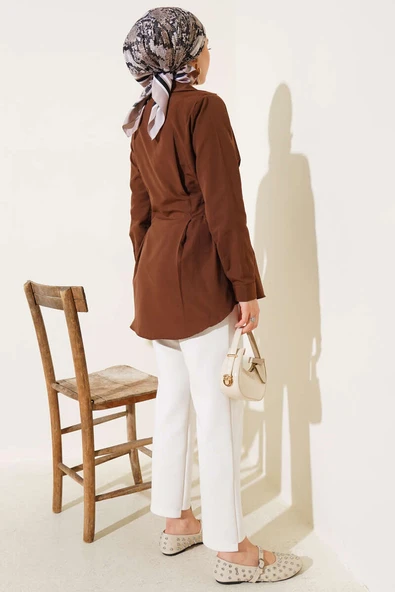 İnci Detaylı Belden Pileli Gömlek Kahve - Resim 3