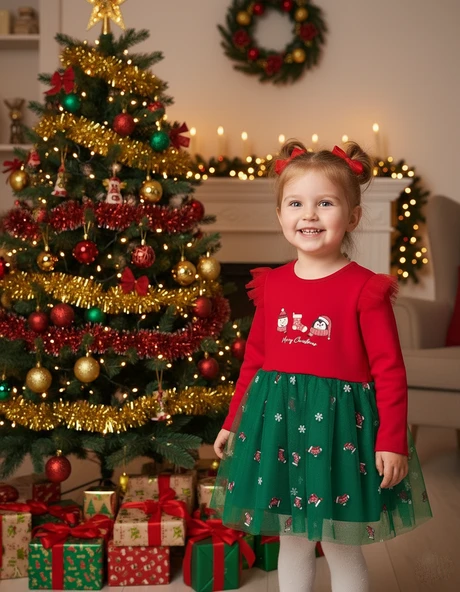 Kız Bebek Snowman And Penguın Desenli Tüllü Yılbaşı Elbisesi NBK-24915