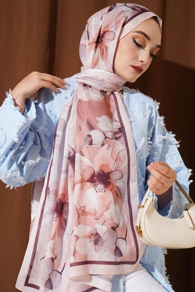 Ebruli Çiçek Şerit Geçişli Şal Somon - Resim 2
