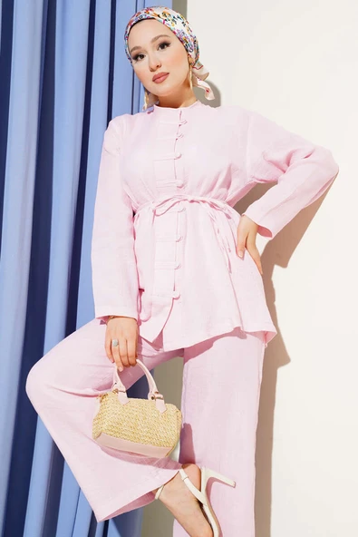 Brit Düğme Kaplamalı İkili Takım Pembe - Resim 2