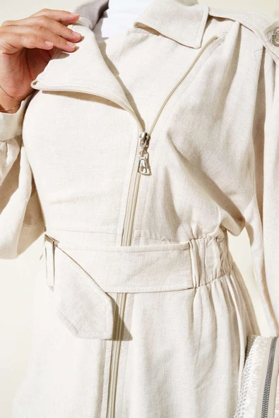 Çapraz Fermuarlı Kemerli Ceket Bej - Resim 4