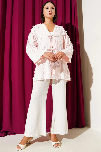Püsküllü İp Bağcıklı Kimono Pembe - 2