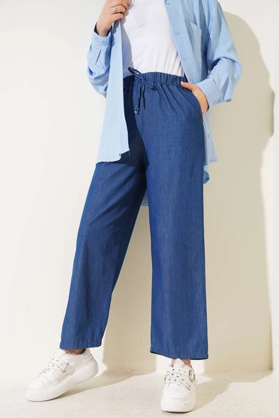 İp Bağcıklı Beli Lastikli Pantolon Kot - Resim 2